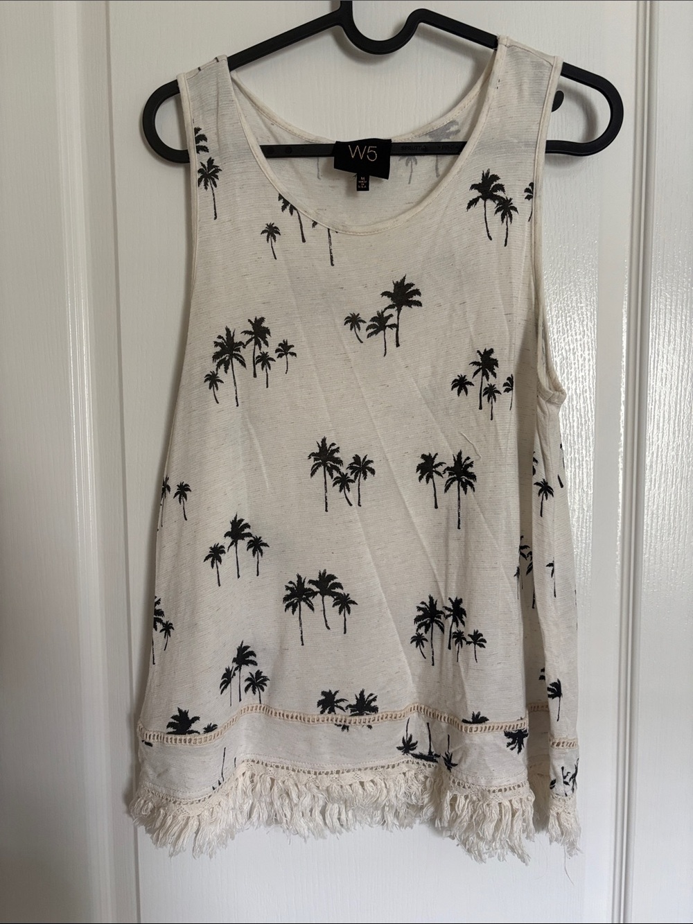 W5 Anthropologie Cream Tank Top with Black Palm Print and Fringe Hem